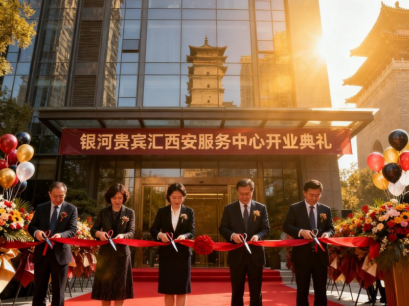 银河贵宾汇西安服务中心开业典礼，嘉宾剪彩仪式在古城西安的现代化办公楼前举行