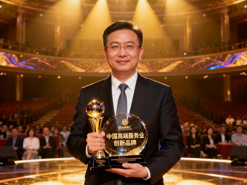 银河贵宾汇代表在颁奖典礼上手捧'中国高端服务业创新品牌'奖杯，舞台灯光璀璨