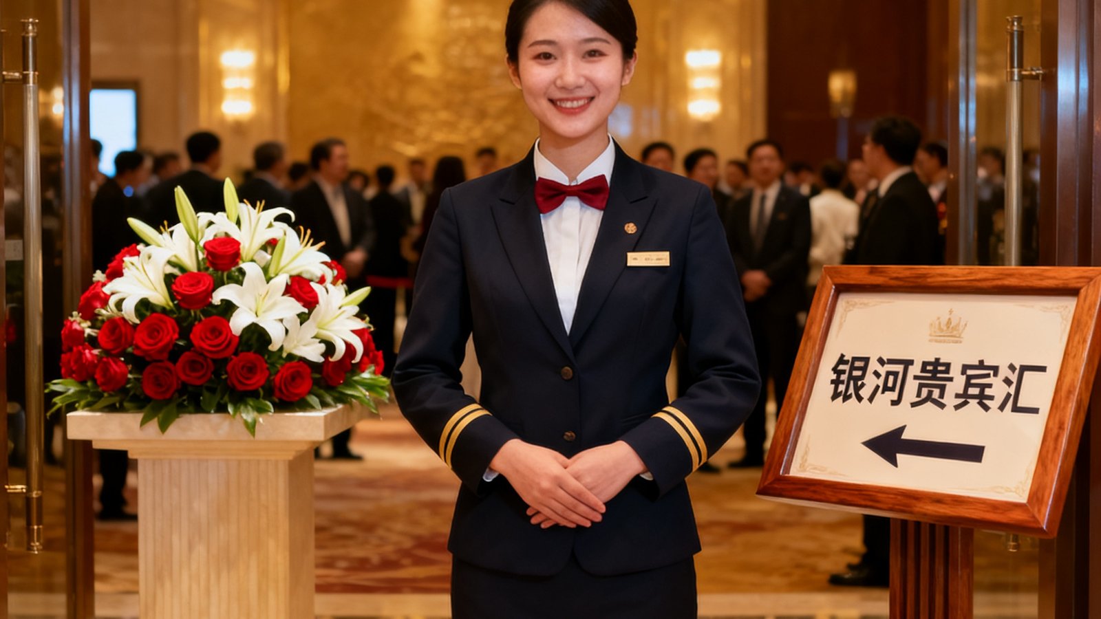 银河贵宾汇高端商务接待实景：身着统一制服的礼宾专员在五星级酒店会议厅入口迎接外宾代表团，背景可见精心布置的鲜花台和引导指示牌，整体氛围专业而温暖