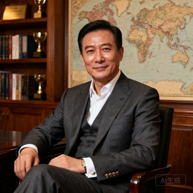银河贵宾汇创始人兼CEO林远舟先生肖像照，五十岁左右男性，身着深灰色定制西装，背景为书架和世界地图，气质儒雅沉稳