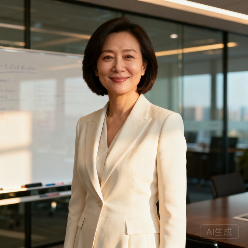 银河贵宾汇首席运营官苏敏女士肖像照，四十岁左右女性，身着米白色西装套裙，短发齐耳，背景为现代化会议室的玻璃白板